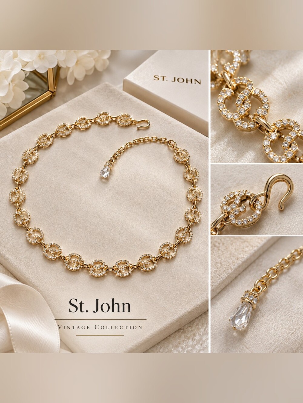 Vintage St. John Gold Tone Crystal Rhinestone Chain Belt 43" Statement